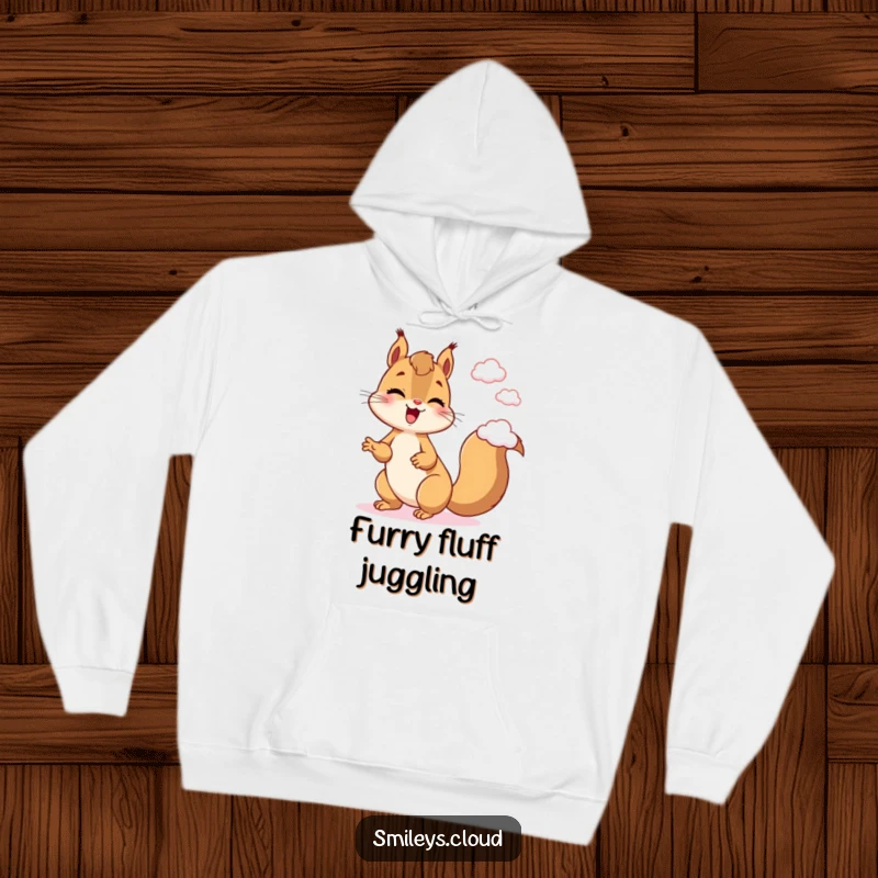 Funny Squirrel Hoodie: A giggling squirrel juggles clouds, bringing a sense of playful energy and warmth to this comfortable hooded sweatshirt.