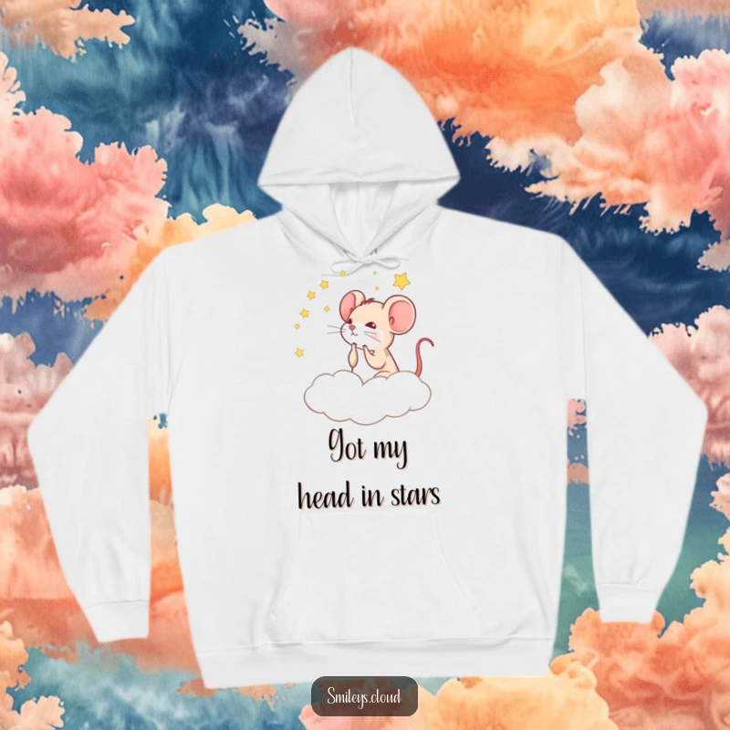 Funny hoodie depicting a thoughtful mouse stargazing from a cloud, offering warmth and a touch of whimsical introspection.