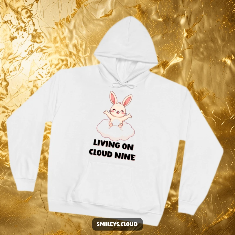 Funny adorable bunny floating happily on a white cloud, arms wide, on a warm hoodie.
