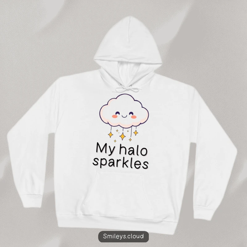 Funny smiling cloud face on a hoodie sending sparkling stars downward, perfect for cozy, starry nights.