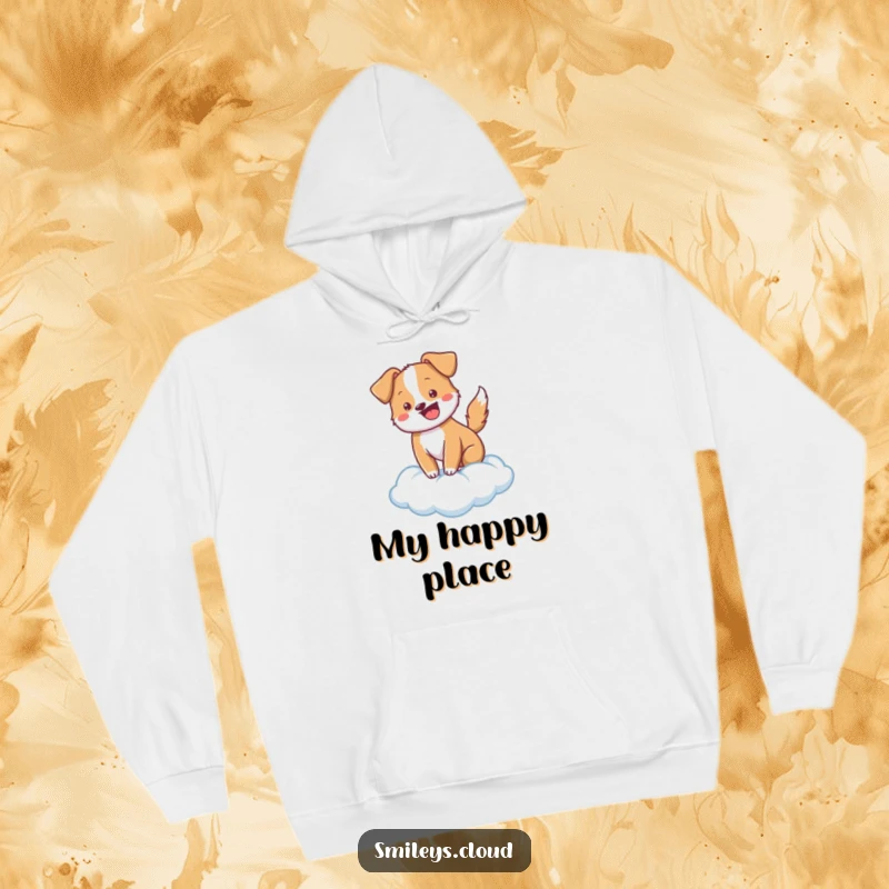 Funny cheerful dog wagging its tail on a cloud, printed on a soft and cozy funny hoodie.