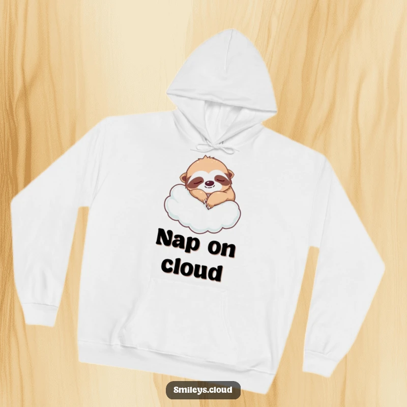 Funny silly sloth hoodie featuring a napping sloth on a cloud, designed for ultimate coziness and humorous downtime.