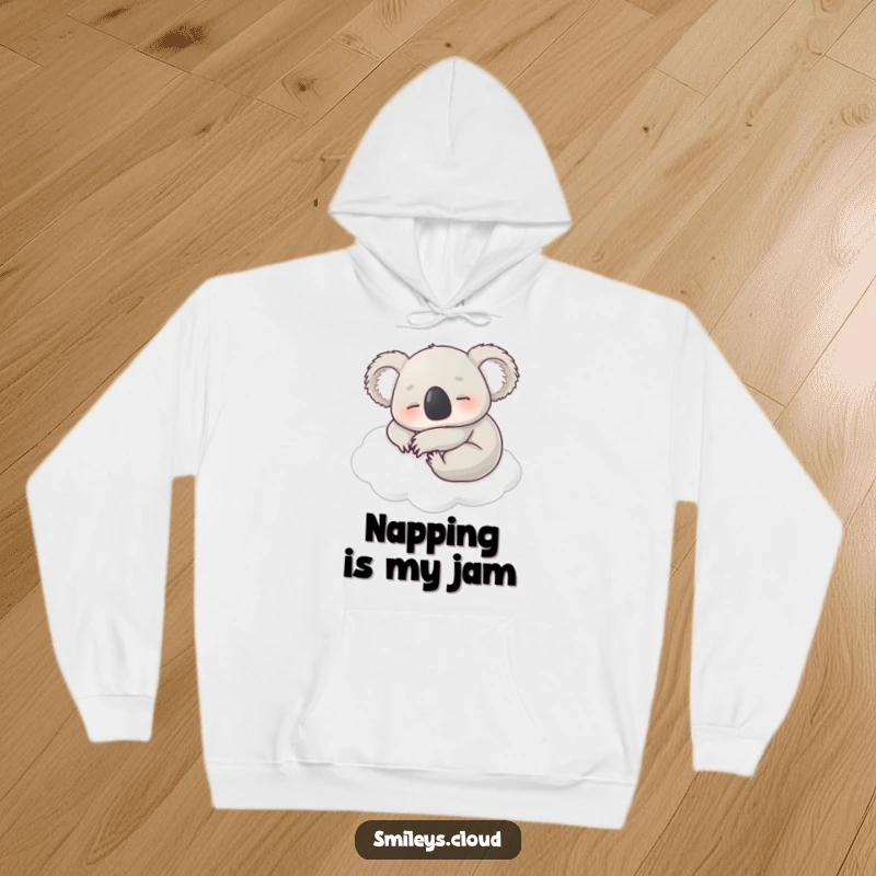 Funny hoodie featuring a contented koala napping soundly on a soft white cloud, offering supreme comfort and humor.