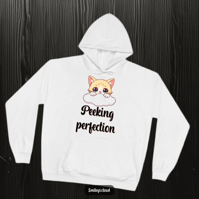 Funny hoodie with a curious cat peeking over a cloud, its eyes wide with wonder and a hint of mischief.