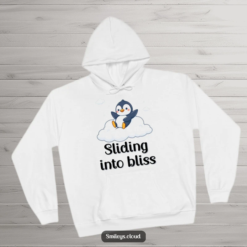 Funny hoodie featuring a peppy penguin sliding down a fluffy cloud slide, offering cozy comfort and playful humor.