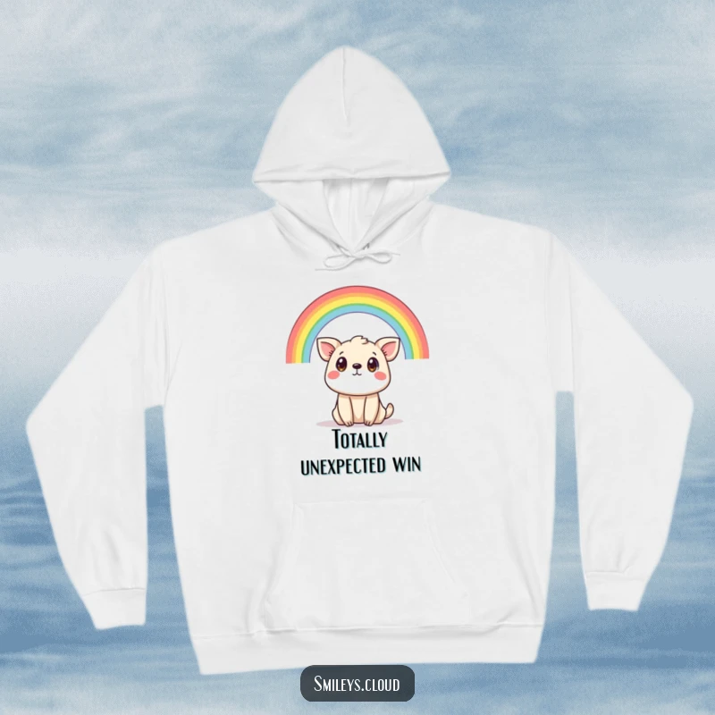 Funny hoodie depicting a startled animal beneath a bright rainbow, ideal for expressing joyful surprise and comfort.