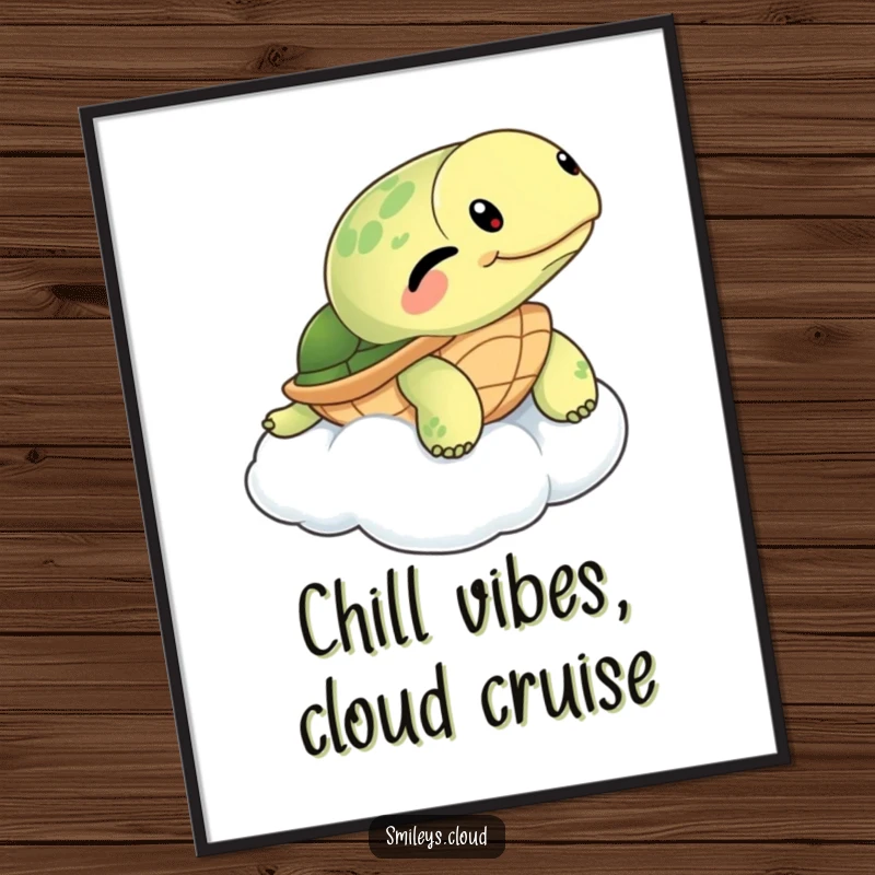 Funny free printable wall art, a winking turtle calmly floating on a fluffy cloud, bringing peace.