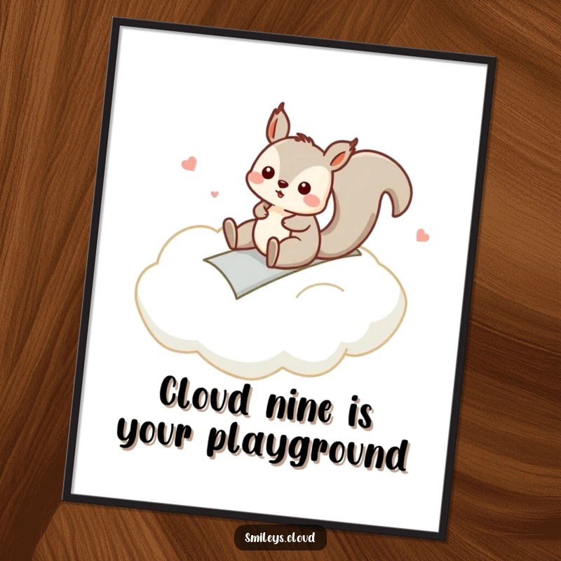 Funny Free Printable Wall Art: A silly squirrel having a blast sliding down a fluffy cloud, capturing pure, childlike joy.