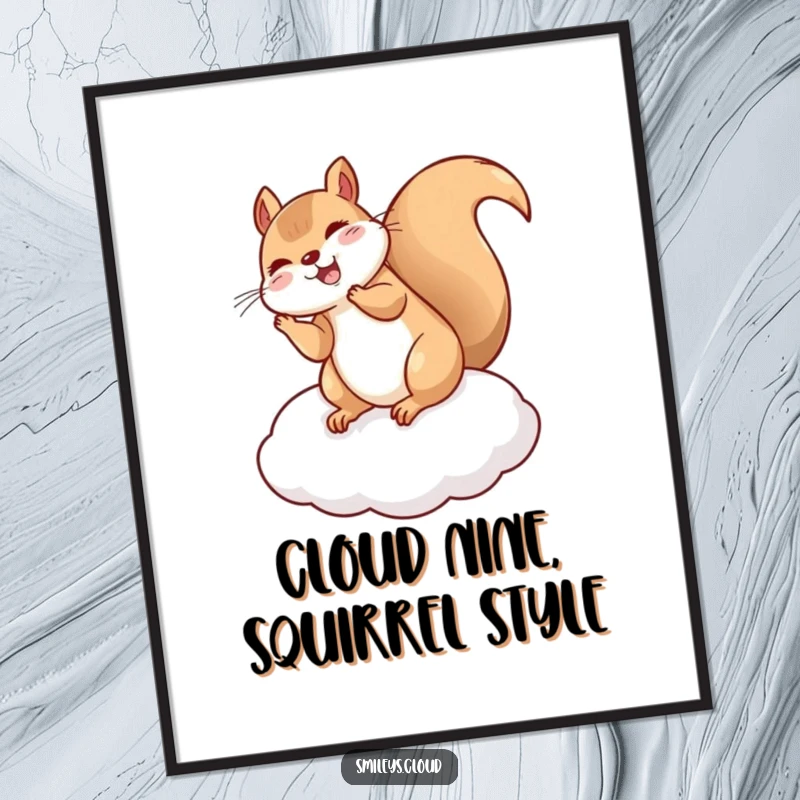 Funny Free Printable Squirrel Wall Art: A giggling squirrel executes a perfect flip on a small cloud cushion, bringing joy.