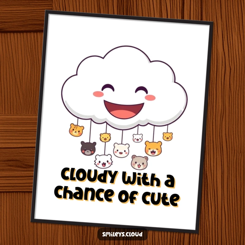 Free Printable Wall Art: Smiling cloud raining tiny happy animal faces, cheerful and charming downloadable decor.