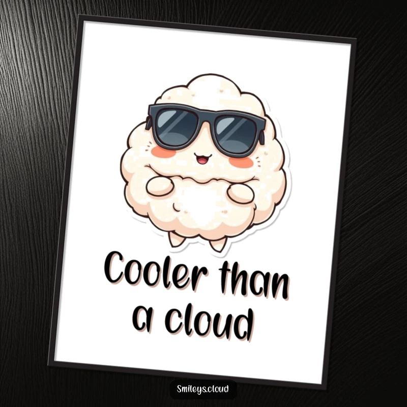 Free Printable Wall Art: Fluffy cloud wearing sunglasses, striking a cool pose with a cheerful smirk, downloadable decor.