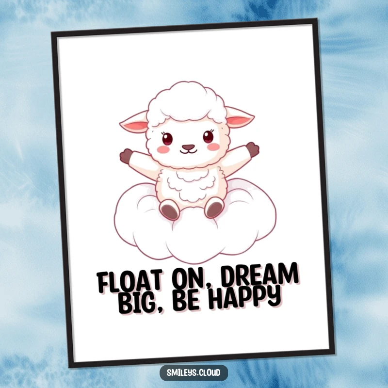 Funny Free Printable Wall Art: A fluffy sheep floats serenely on a cloud, arms spread wide, embodying peaceful, happy dreams.