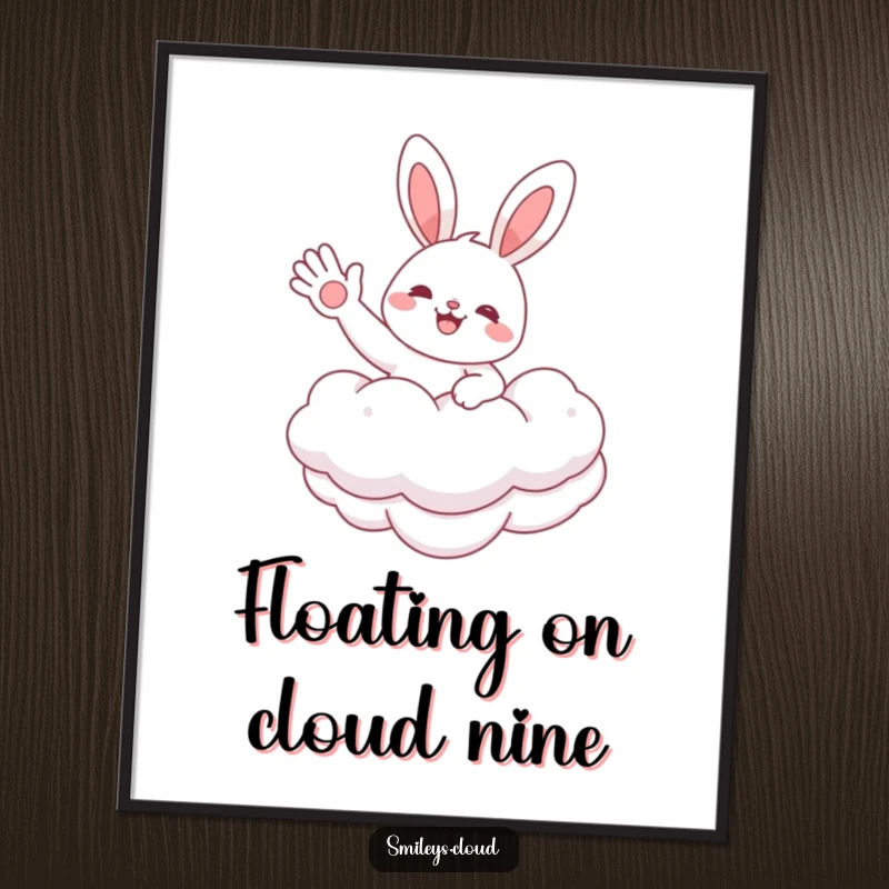 Funny Free Printable Wall Art: Cheerful bunny floating on a fluffy cloud, waving hello, adding a touch of magic.