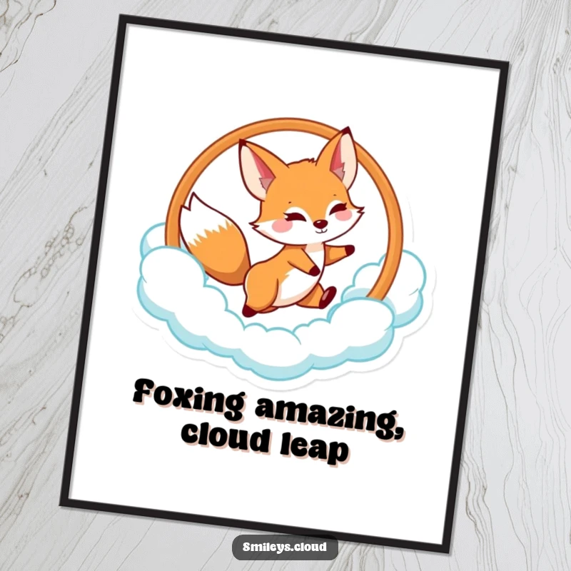 Funny Free Printable Wall Art: A spirited fox mid-jump through a fluffy cloud hoop, adding action and charm.