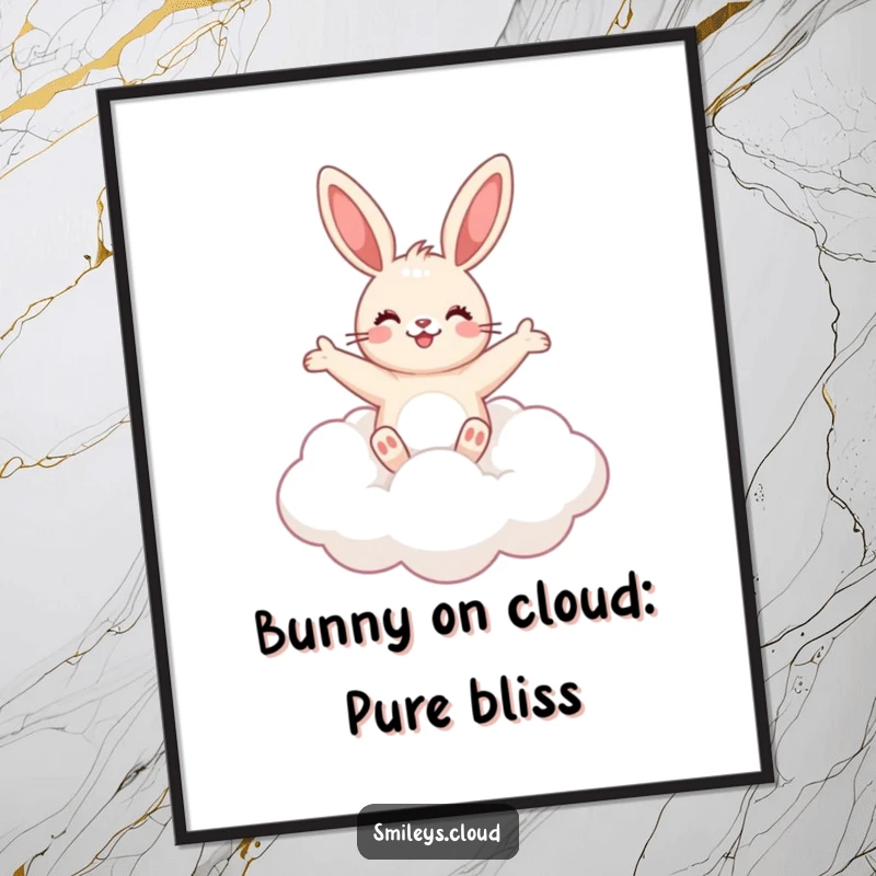 Funny Free Printable Bunny Cloud Wall Art: A cute bunny blissfully floating on a fluffy cloud, arms spread wide in happiness.