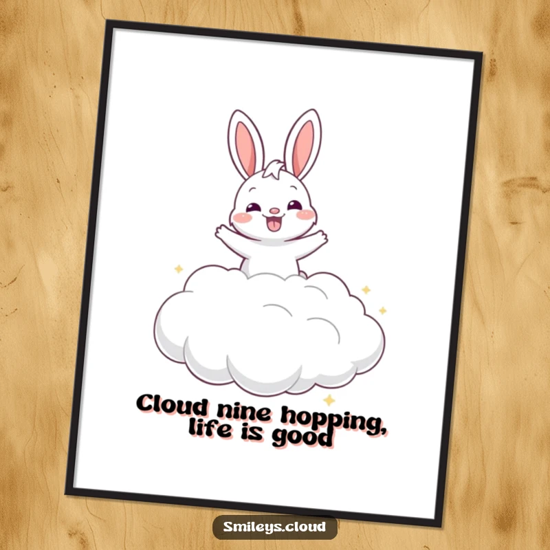 Funny Free Printable Wall Art: A grinning bunny happily bounces on a large puffy cloud, creating a whimsical scene.