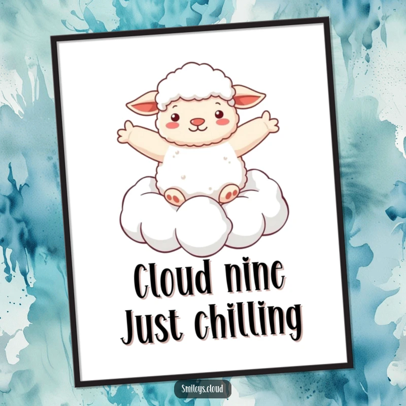 Funny Free Printable Wall Art: Fluffy sheep peacefully floating on a soft cloud, arms spread wide in pure, blissful freedom.