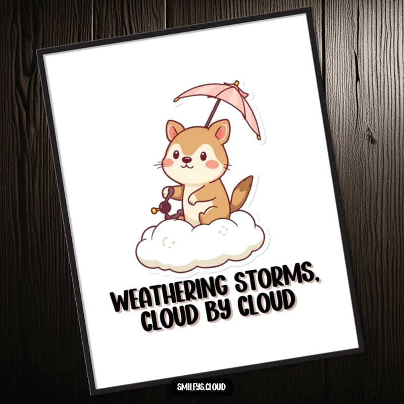 Funny Free Printable Wall Art: A determined animal skillfully steering a cloud with a tiny umbrella, a unique and humorous piece.
