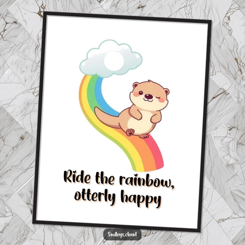 Funny Free Printable Wall Art: A happy otter gleefully slides down a rainbow originating from a cloud.