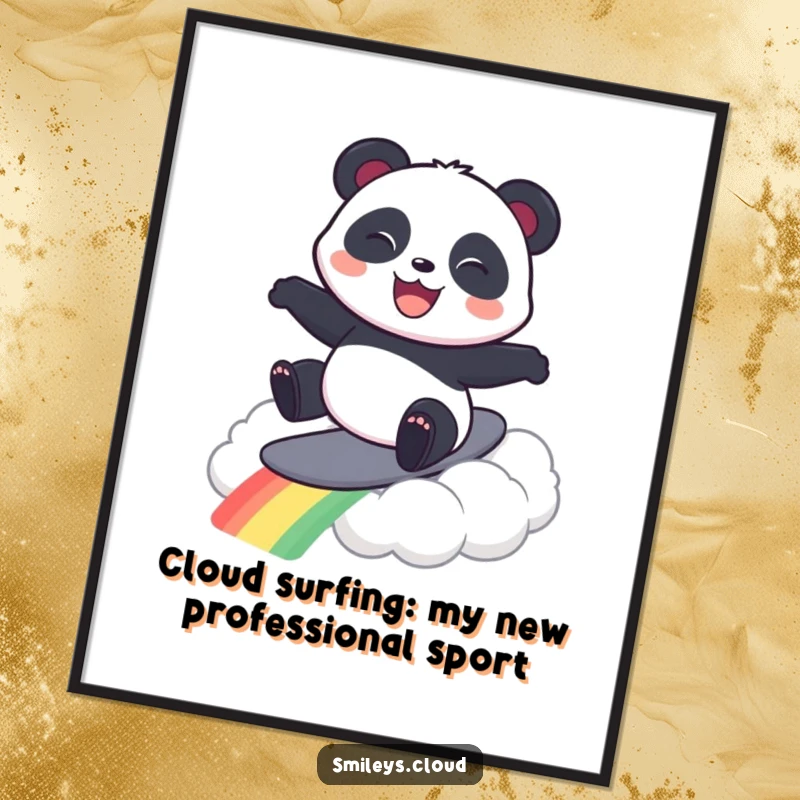Funny free printable wall art: A joyful panda surfs a vibrant rainbow cloud, creating whimsical and cheerful decor.