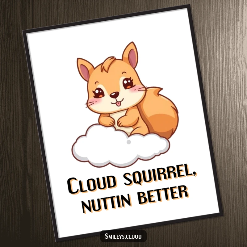 Funny Free Printable Wall Art: A cute squirrel peeking from behind a fluffy cloud, whimsical and charming.