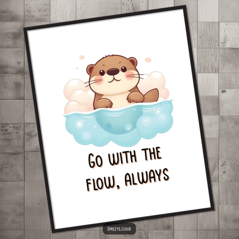 Funny Free Printable Wall Art capturing a brave otter swimming with determination and joy through a sky of fluffy, dreamlike clouds.