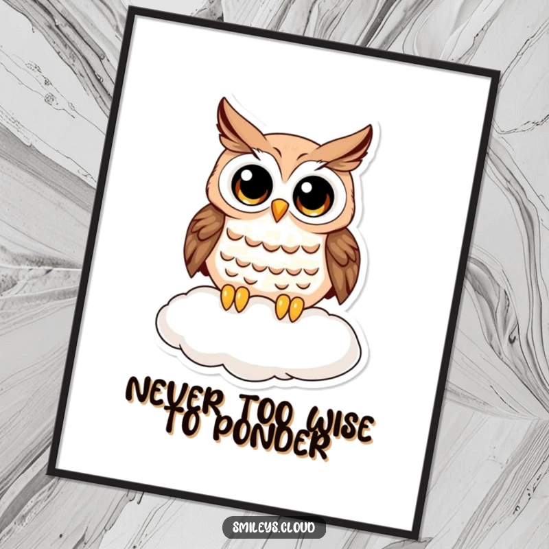 Funny Free Printable Wall Art featuring a curious owl with wide eyes, perched comically on a fluffy cloud, ready to brighten your day.