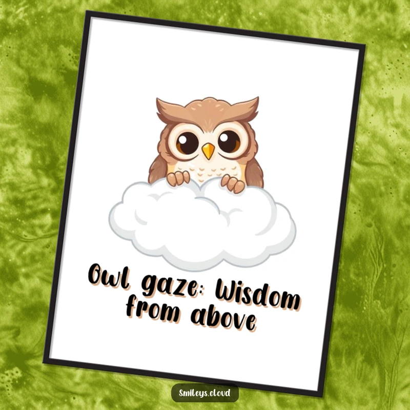 Funny Free Printable Owl Cloud Wall Art: A curious owl with big eyes peeks over a wispy cloud, full of character.