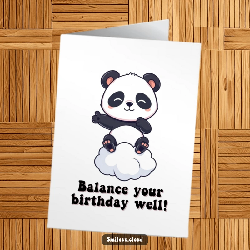 Funny Free Printable Birthday Card: Determined panda balancing skillfully on a fluffy cloud.