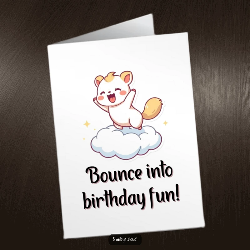 Funny Free Printable Birthday Card: A lively animal gleefully bounces high on a fluffy cloud.