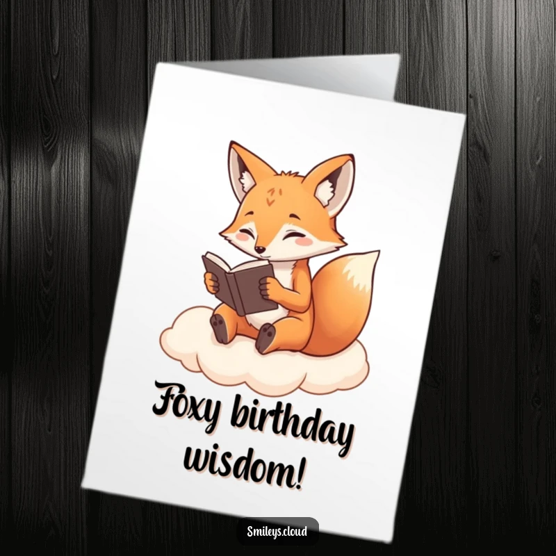 Funny Free Printable Birthday Card: Determined fox intently reading a book while sitting on a fluffy cloud.