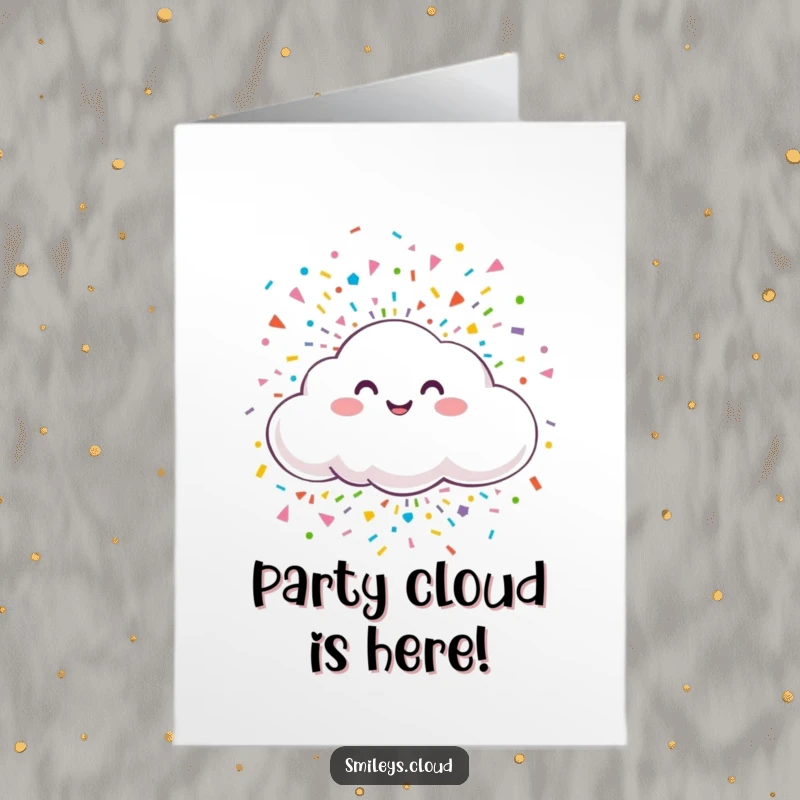 Funny Free Printable Birthday Card: Smiling cloud releasing colorful confetti, perfect for festive, cheerful greetings.