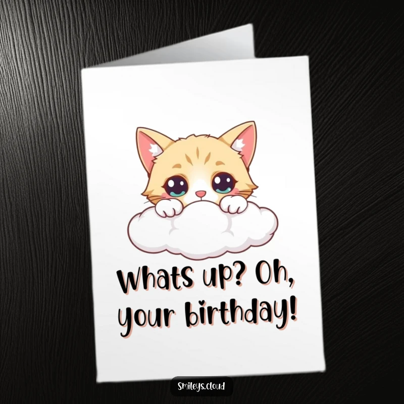 Funny Free Printable Birthday Card: A curious cat peeks over a cloud edge, eyes wide with wonder and anticipation.