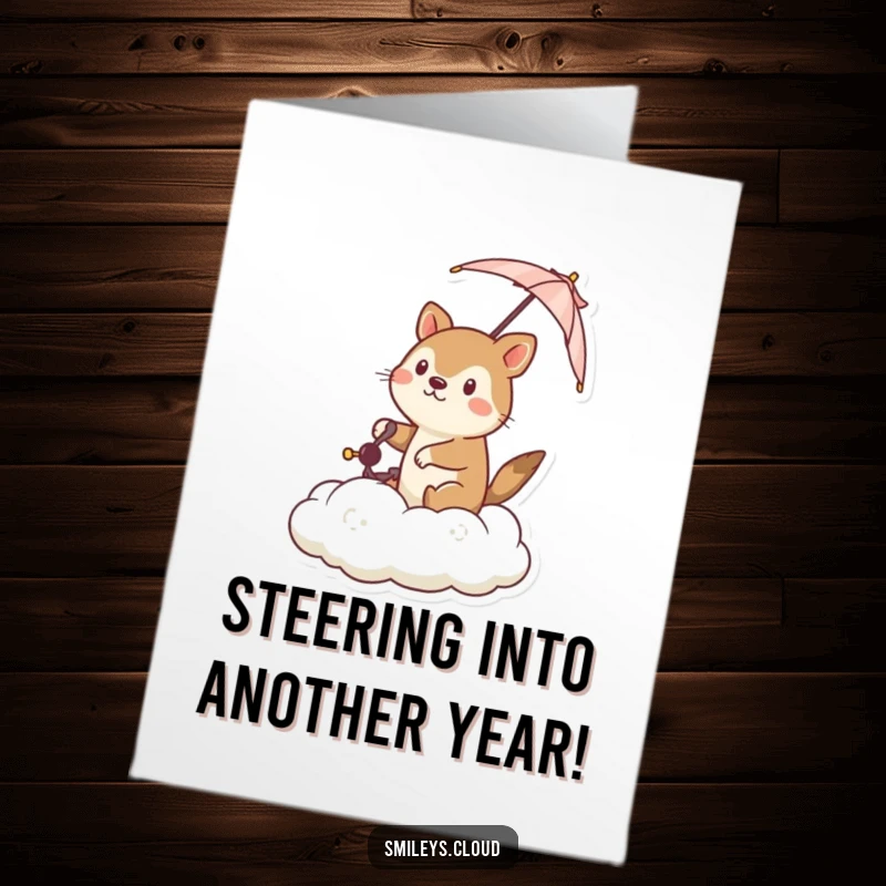 Funny Free Printable Birthday Card: A focused animal using a tiny umbrella to steer a cloud, symbolizing directed birthday wishes.