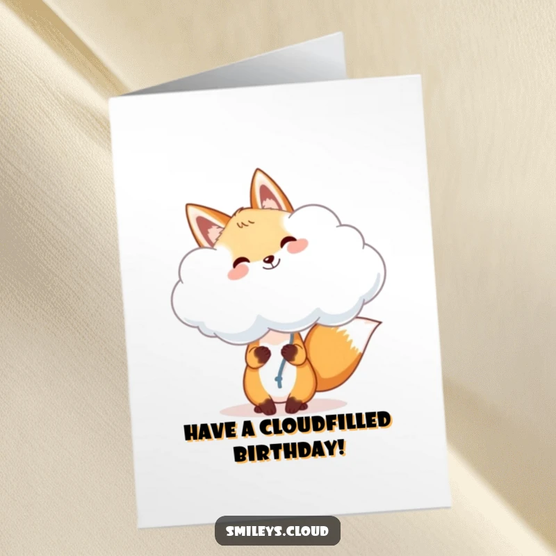 Funny Free Printable Birthday Card: A cheerful fox joyfully holds a fluffy cloud like a balloon, celebrating a birthday.