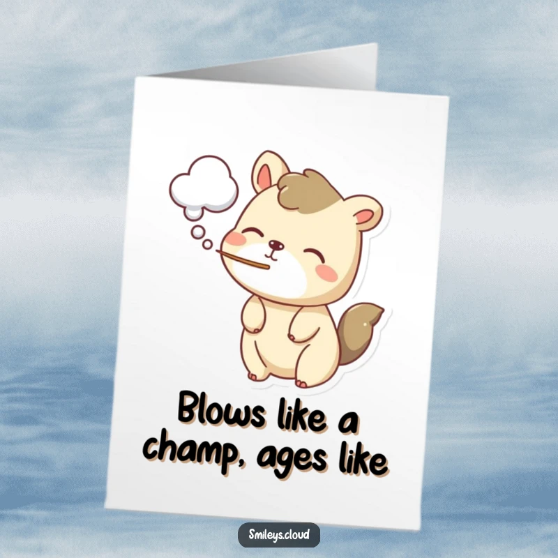 Funny Free Printable Birthday Card: Adorable animal playfully blowing a soft cloud puff, perfect for a lighthearted celebration.