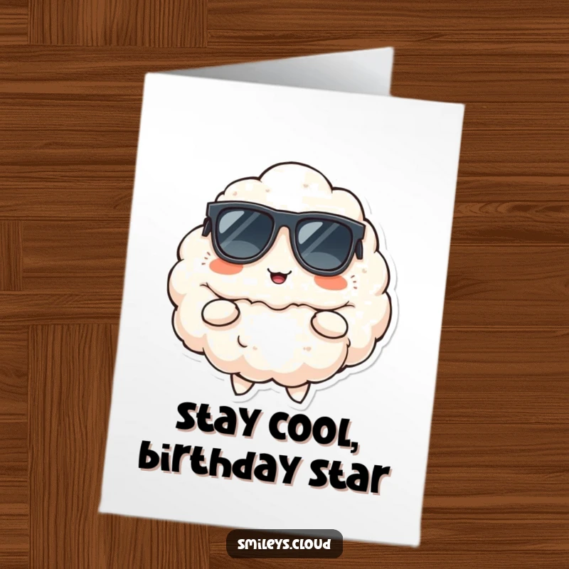 Free Printable Birthday Card: Fluffy cloud wearing sunglasses, striking a cool pose with a smirk, downloadable art.