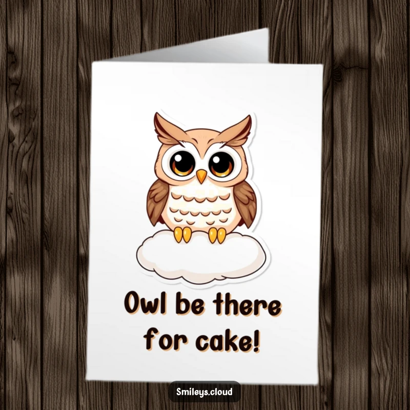 Funny Free Printable Birthday Card featuring a curious owl with wide eyes perched on a fluffy cloud, ready to deliver a laugh.