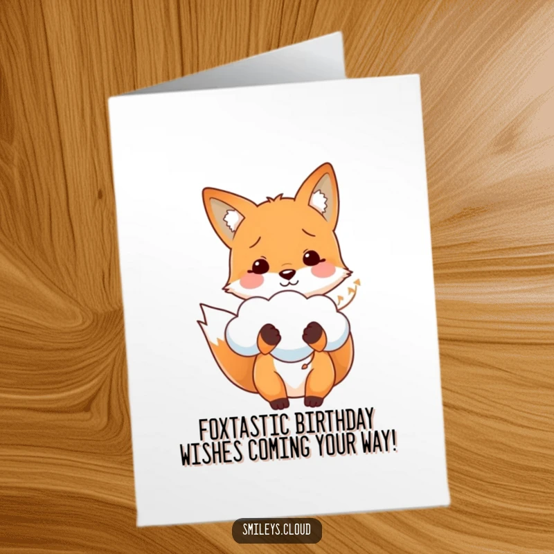 Funny free printable birthday card: A cheerful fox joyfully holds a fluffy white cloud like a precious balloon.