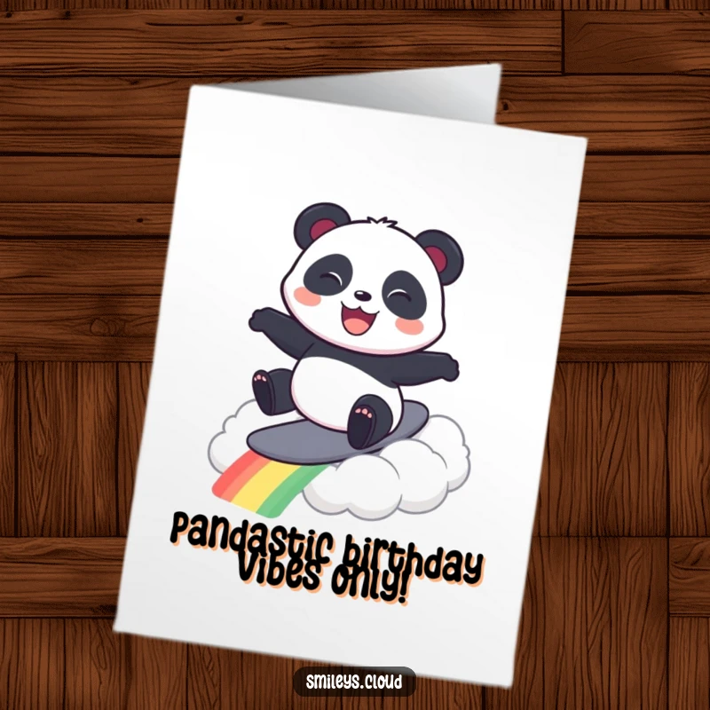 Funny free printable birthday card: Panda gleefully surfs a vibrant rainbow cloud, spreading joy and birthday cheer.