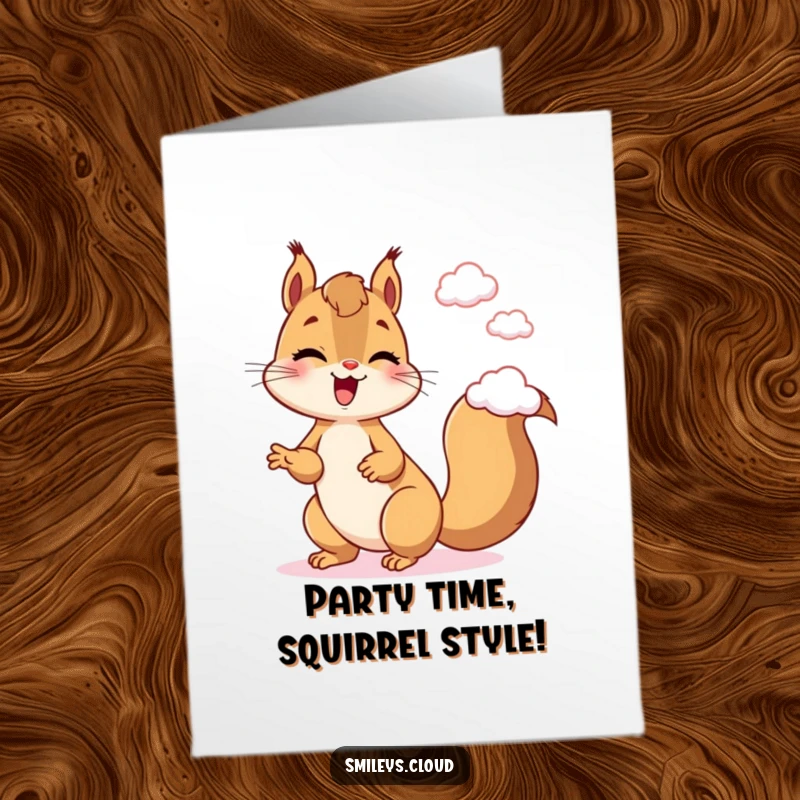 Funny free printable birthday card, a giggling squirrel playfully juggling small fluffy clouds, celebrating with mirth.