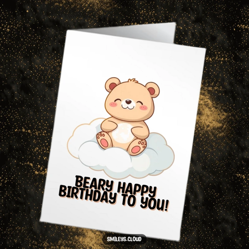 Funny Free Printable Birthday Card: Happy bear meditating peacefully on a cloud, sending birthday serenity.