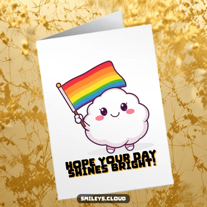 Funny Free Printable Birthday Card: A smiling cloud critter happily waves a vibrant rainbow flag.