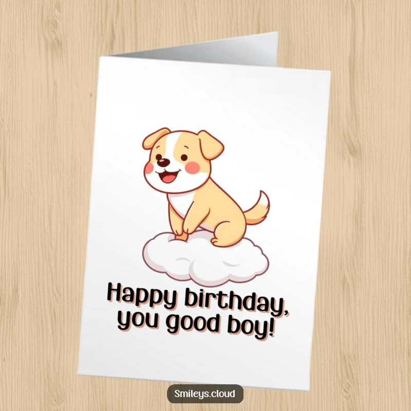 Funny Free Printable Dog Birthday Card: Happy dog wagging tail while balancing on a cloud, celebrating with joy.