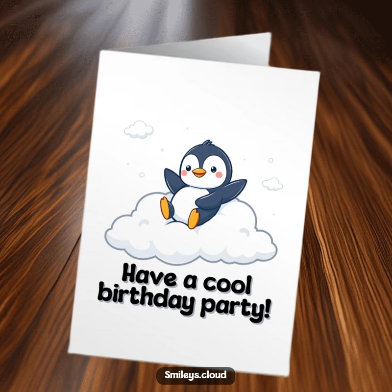 Funny Free Printable Birthday Card: A peppy penguin gleefully sliding down a fluffy cloud shaped slide.