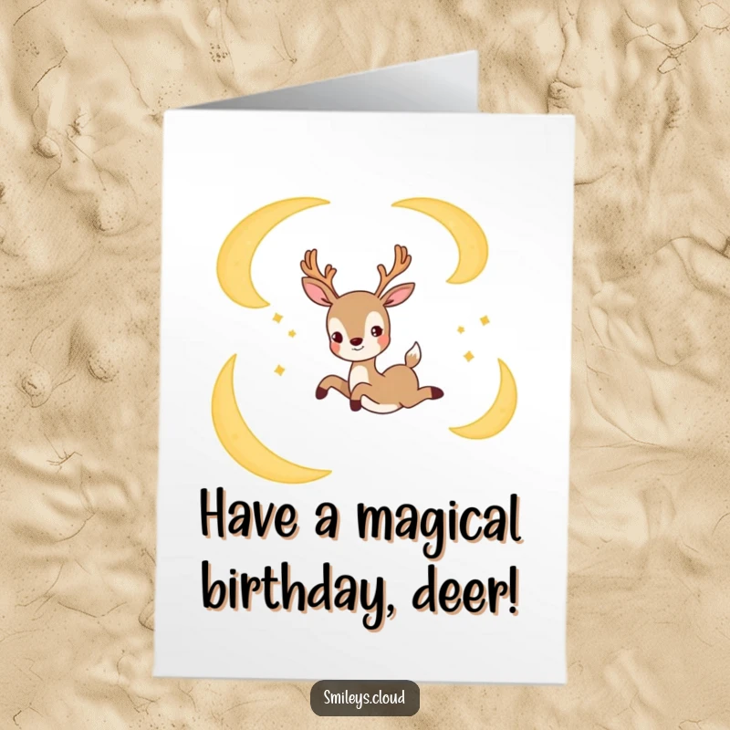 Funny Free Printable Birthday Card: A joyful deer gracefully leaping between two luminous crescent moons.