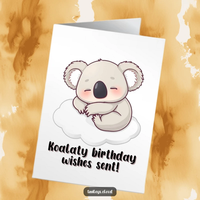 Funny Free Printable Birthday Card: A contented koala fast asleep on a very soft, white cloud.