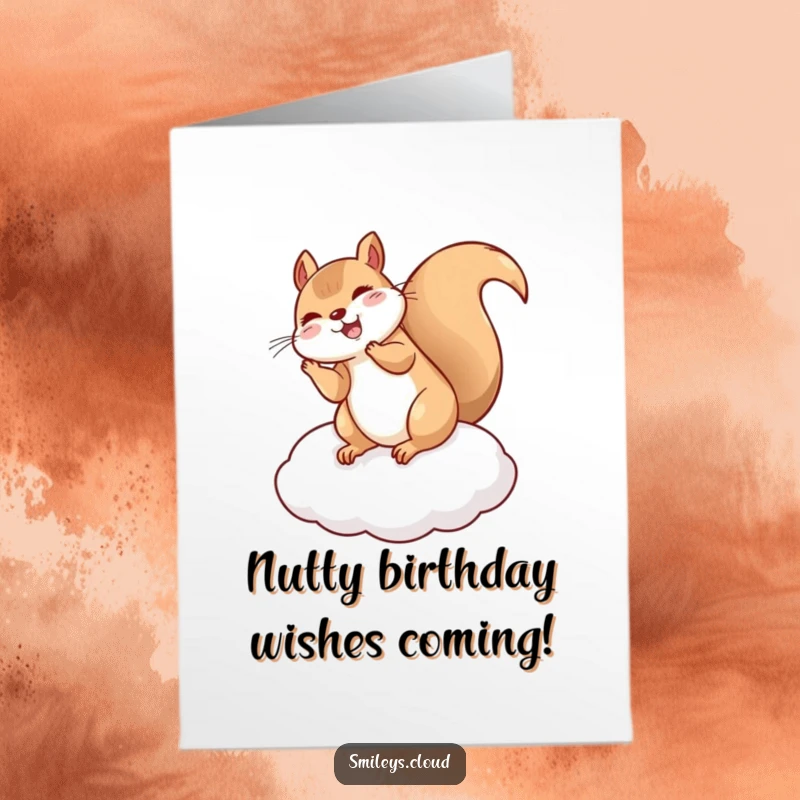 Funny Free Printable Squirrel Birthday Card: A giggling squirrel performs a joyful flip on a soft cloud cushion, ready for birthday wishes.