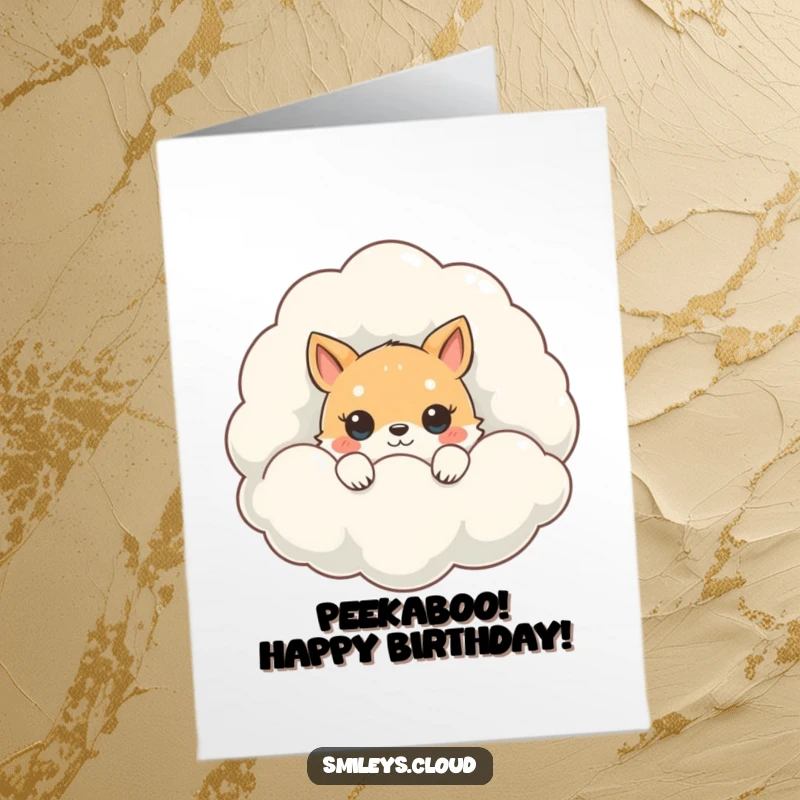 Funny Free Printable Birthday Card: A cute animal's face peeks curiously from behind a giant, soft, fluffy cloud.