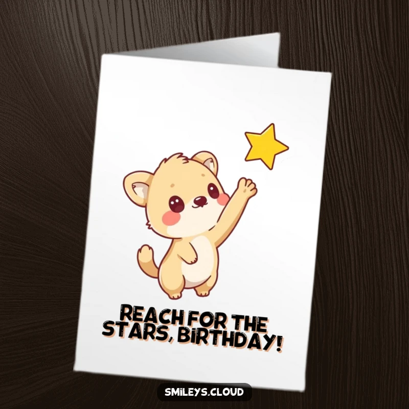 Funny Free Printable Birthday Card: A curious animal reaches its paw out towards a twinkling star.